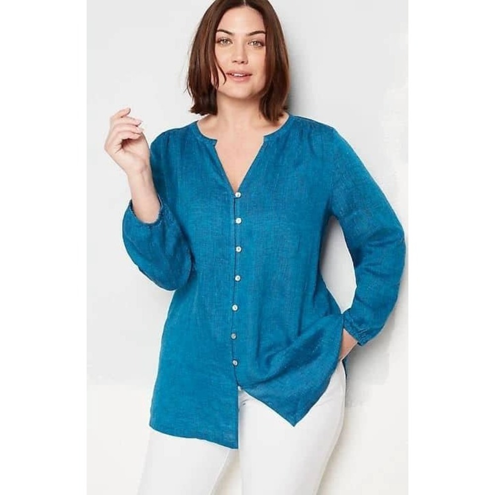 J Jill Linen Blouse Women's Size XL Turquoise Coastal Breathable Resortwear
